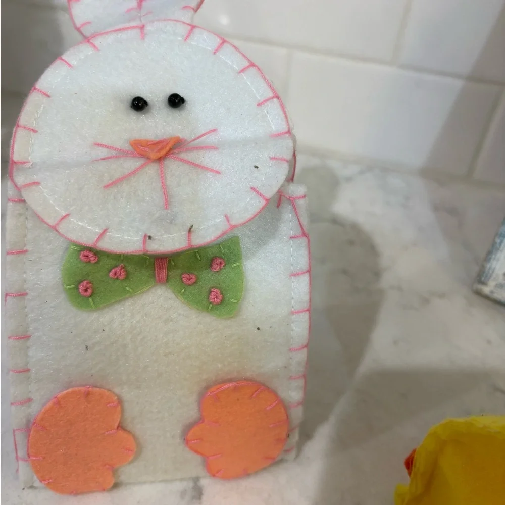 Kids Yellow Bunny Sunglasses and 2 felt bags each with a plastic egg